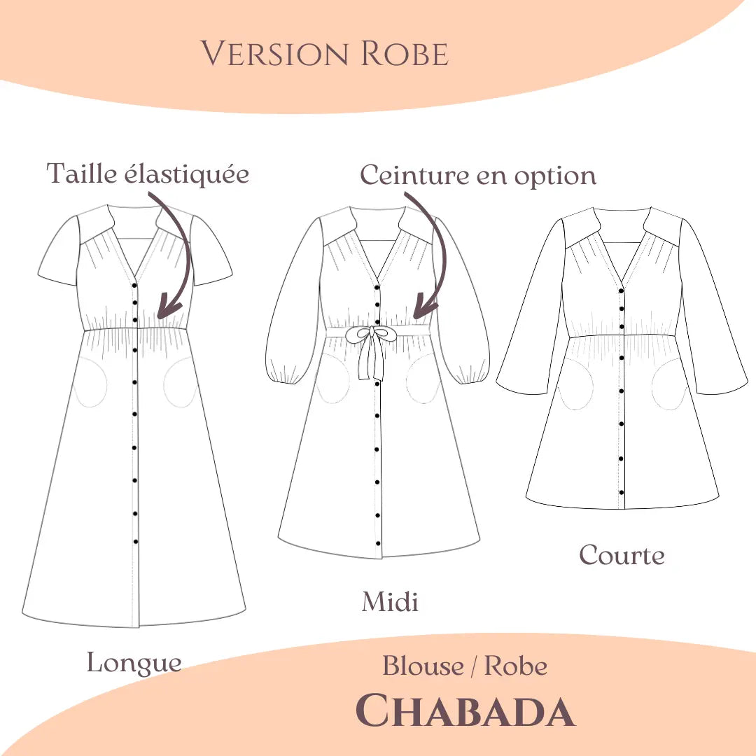 Modèle CHABADA : schéma montrant robe longue avec taille élastiquée, options de ceinture, et variations blouse/robe, silhouette midi et courte.
