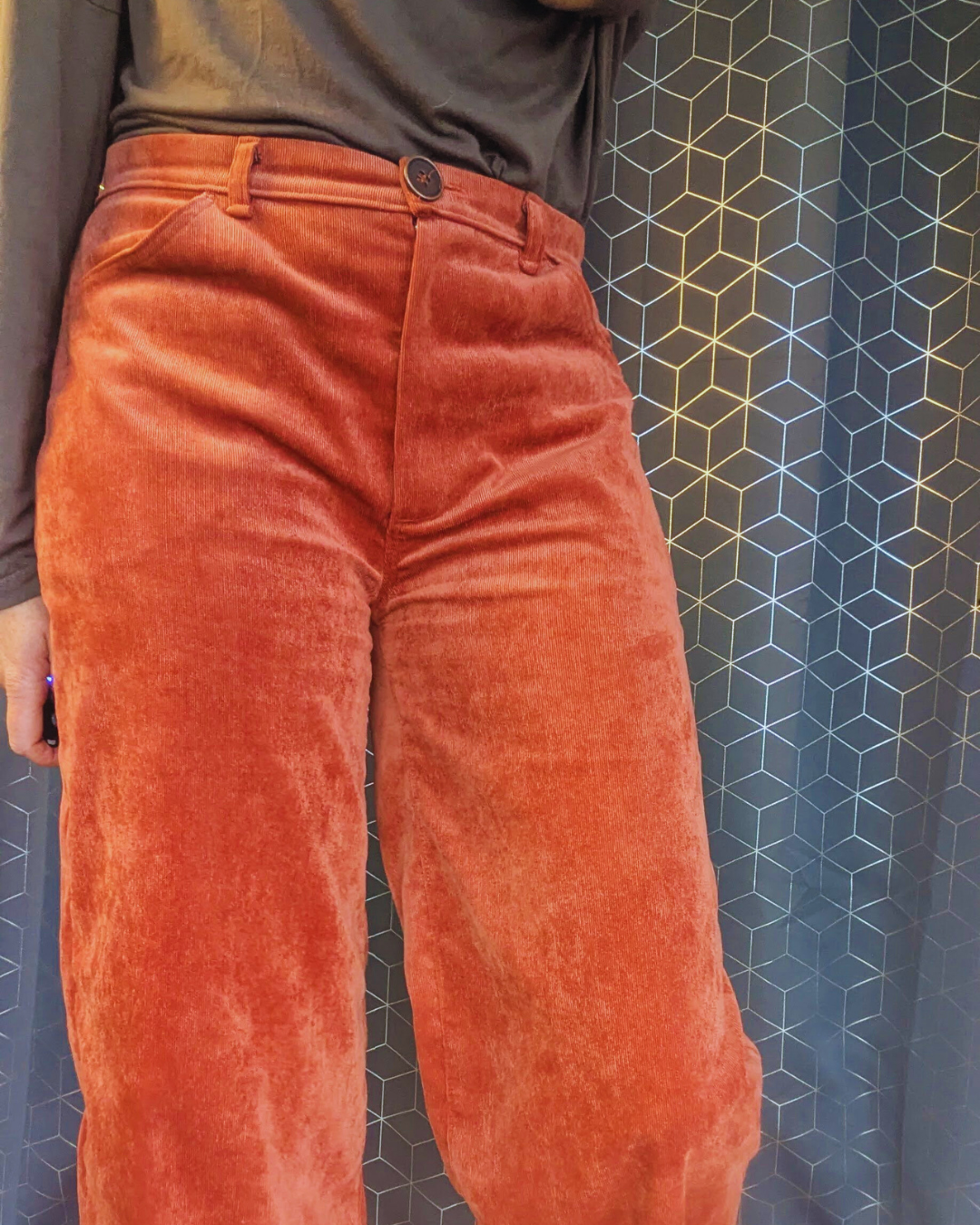 Pantalon velours rouge-orange à taille haute, coupe droite, porté avec un haut sombre; texture veloutée et bouton visible. Le tout reflétant le style Le Pantalon/short Charmant.