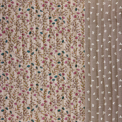 Tissu imprimé floral beige avec motifs branches et fleurs roses, vertes et bleues sur la left, bordure droite à motifs