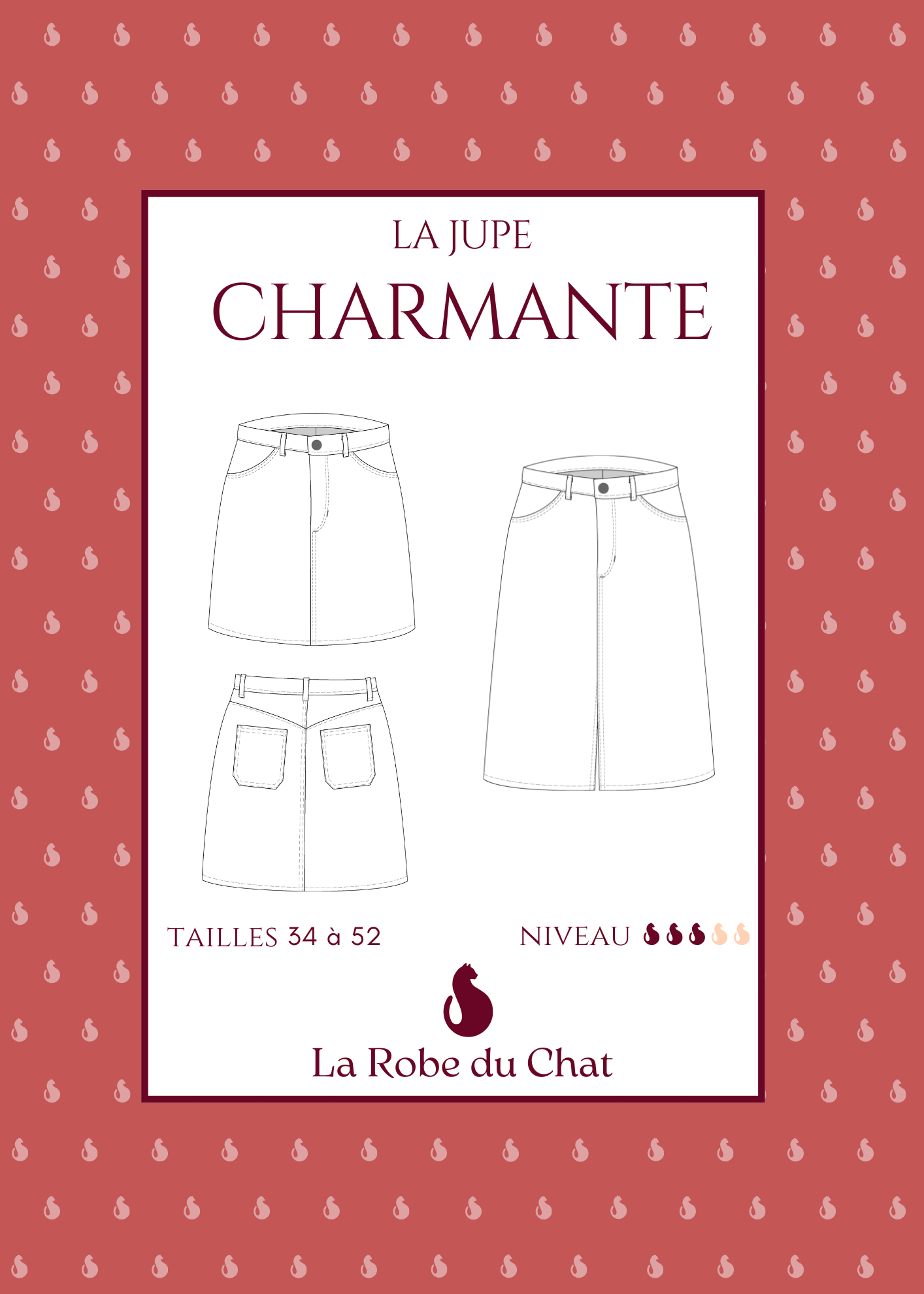 Affiche pédagogique pour la jupe Charmante – Patron et tuto jupe en jeans, avec croquis techniques et étiquetage tailles 34 à 52.