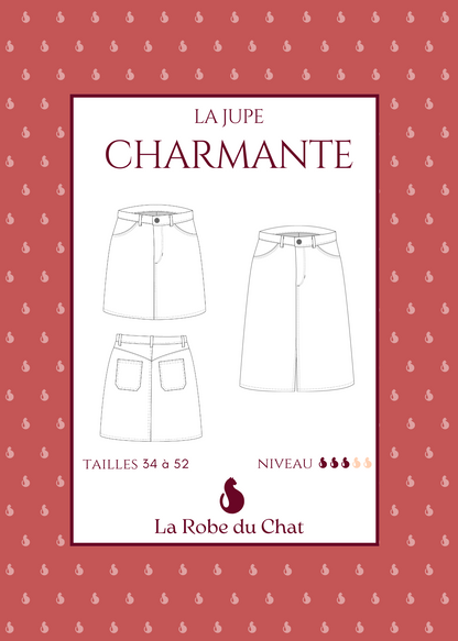 Affiche pédagogique pour la jupe Charmante – Patron et tuto jupe en jeans, avec croquis techniques et étiquetage tailles 34 à 52.